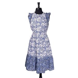 J.Crew Womens Dress 4 Blue White Floral Midi Fit Flare Ruffle Cotton Pockets